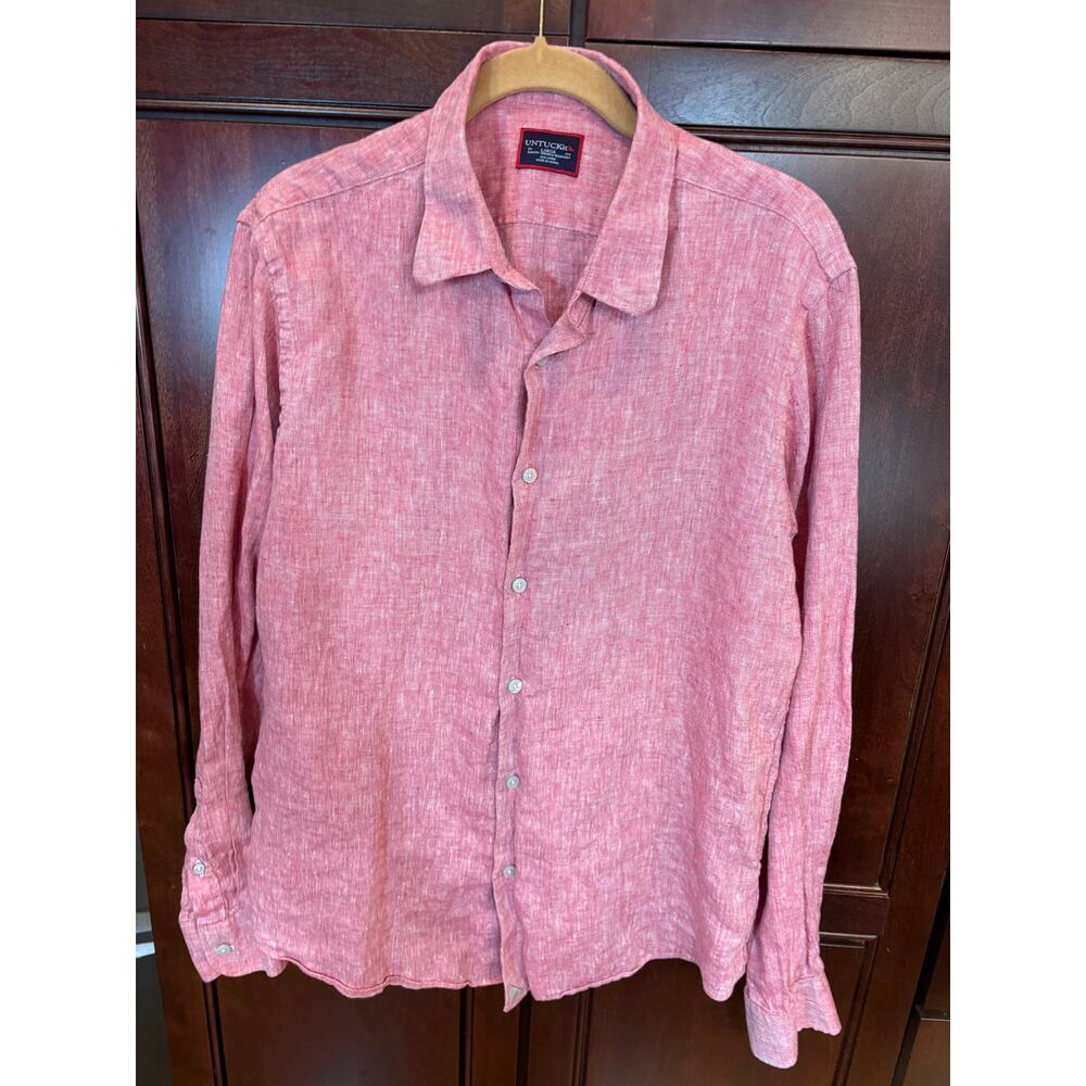 Untuckit Men's Red 100% Linen Long Sleeve Button Up Size Large Slim